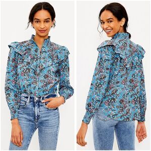 LOFT Bouquet Ruffle Shirt Blue Paisley Size XL